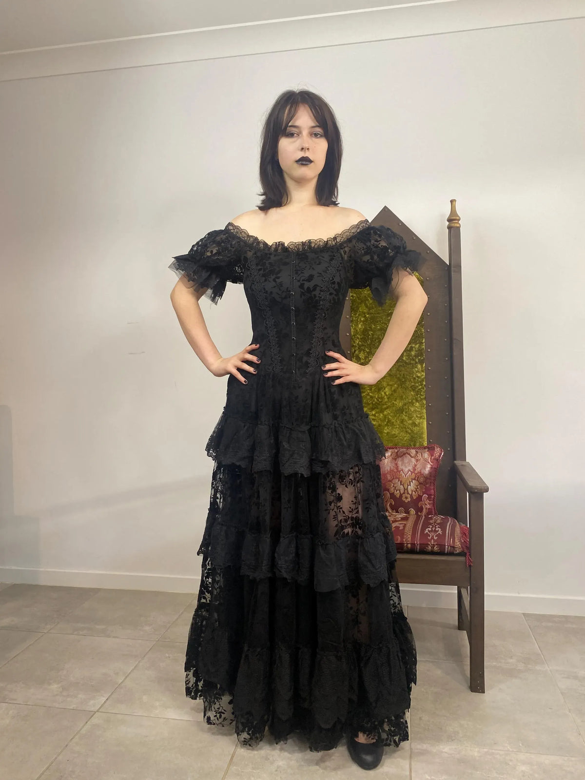 Black Gothic A-Line Off-Shoulder Corset Tiered Floor-Length Evening Dress
