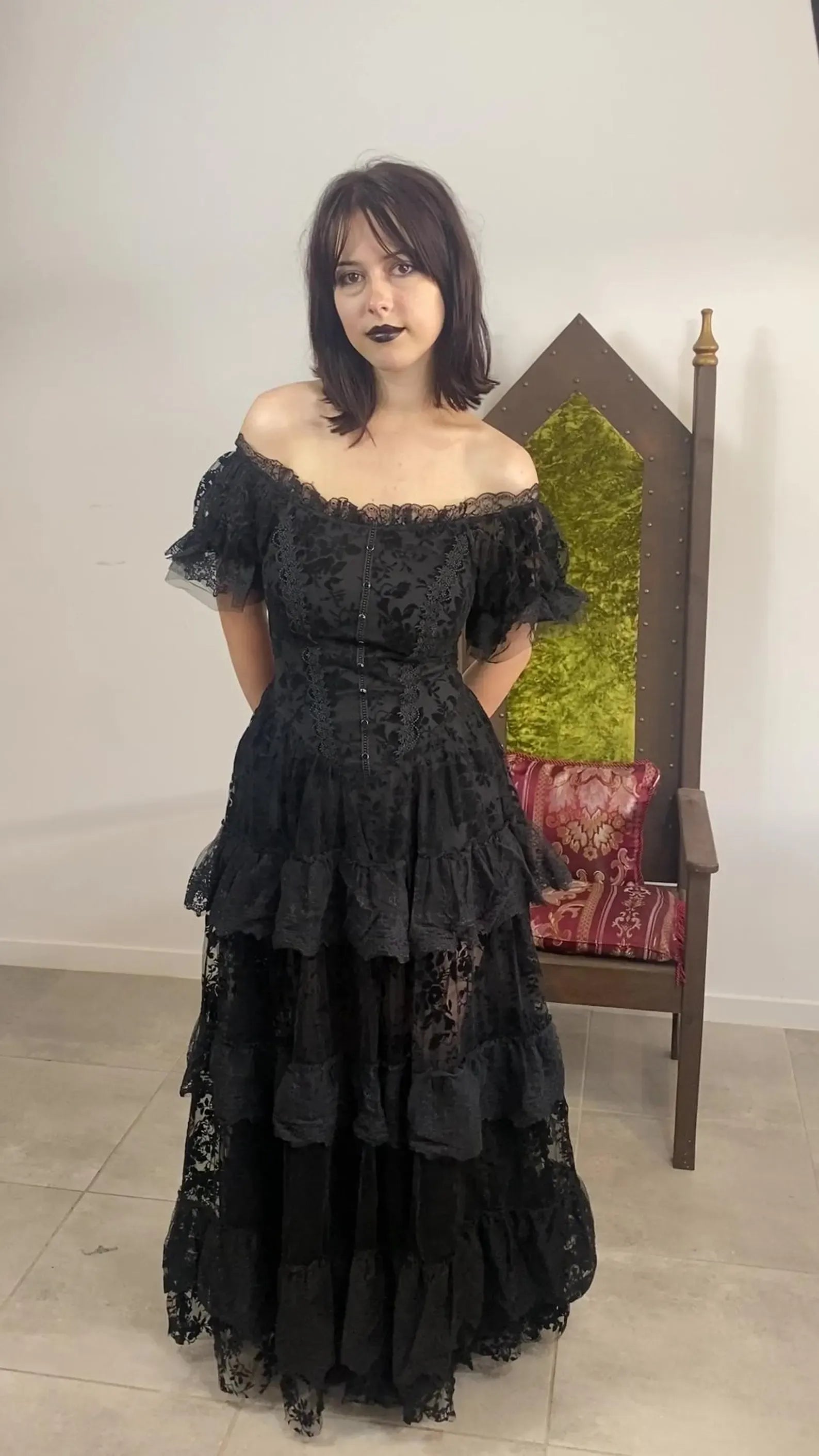 Black Gothic A-Line Off-Shoulder Corset Tiered Floor-Length Evening Dress