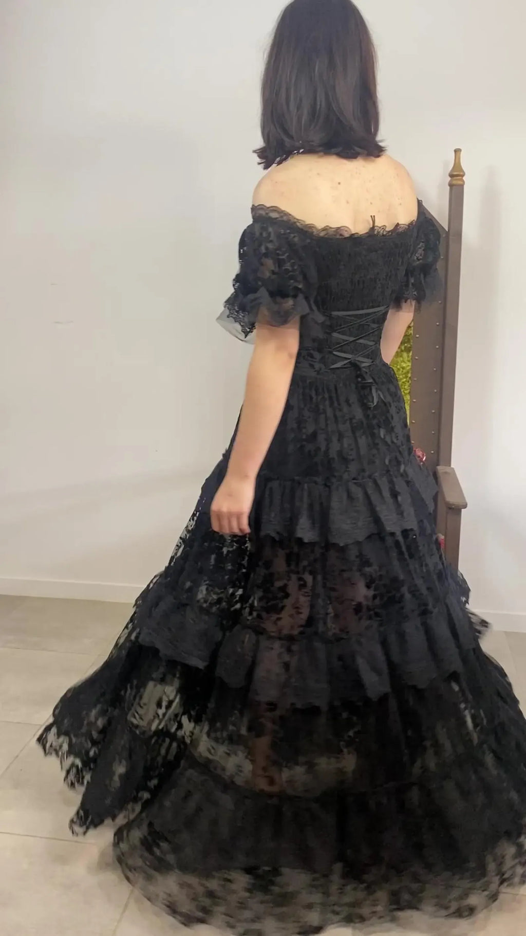Black Gothic A-Line Off-Shoulder Corset Tiered Floor-Length Evening Dress