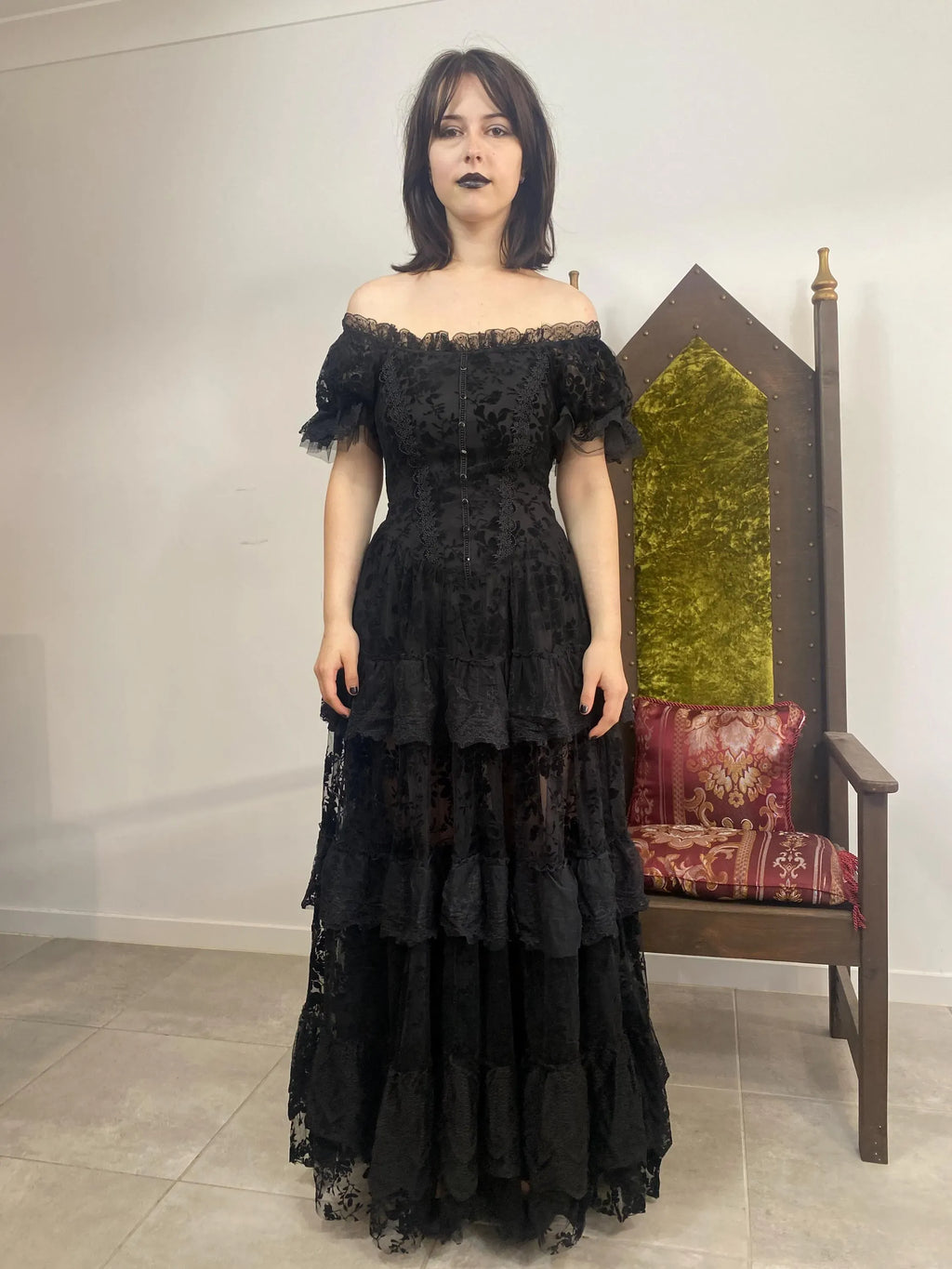 Black Gothic A-Line Off-Shoulder Corset Tiered Floor-Length Evening Dress