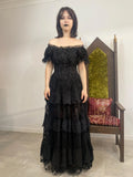 Black Gothic A-Line Off-Shoulder Corset Tiered Floor-Length Evening Dress