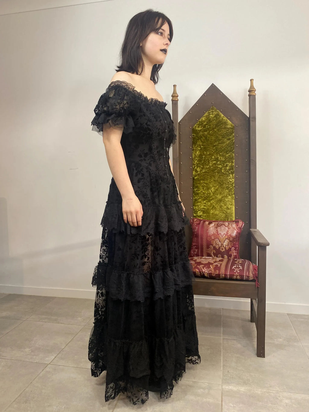 Black Gothic A-Line Off-Shoulder Corset Tiered Floor-Length Evening Dress