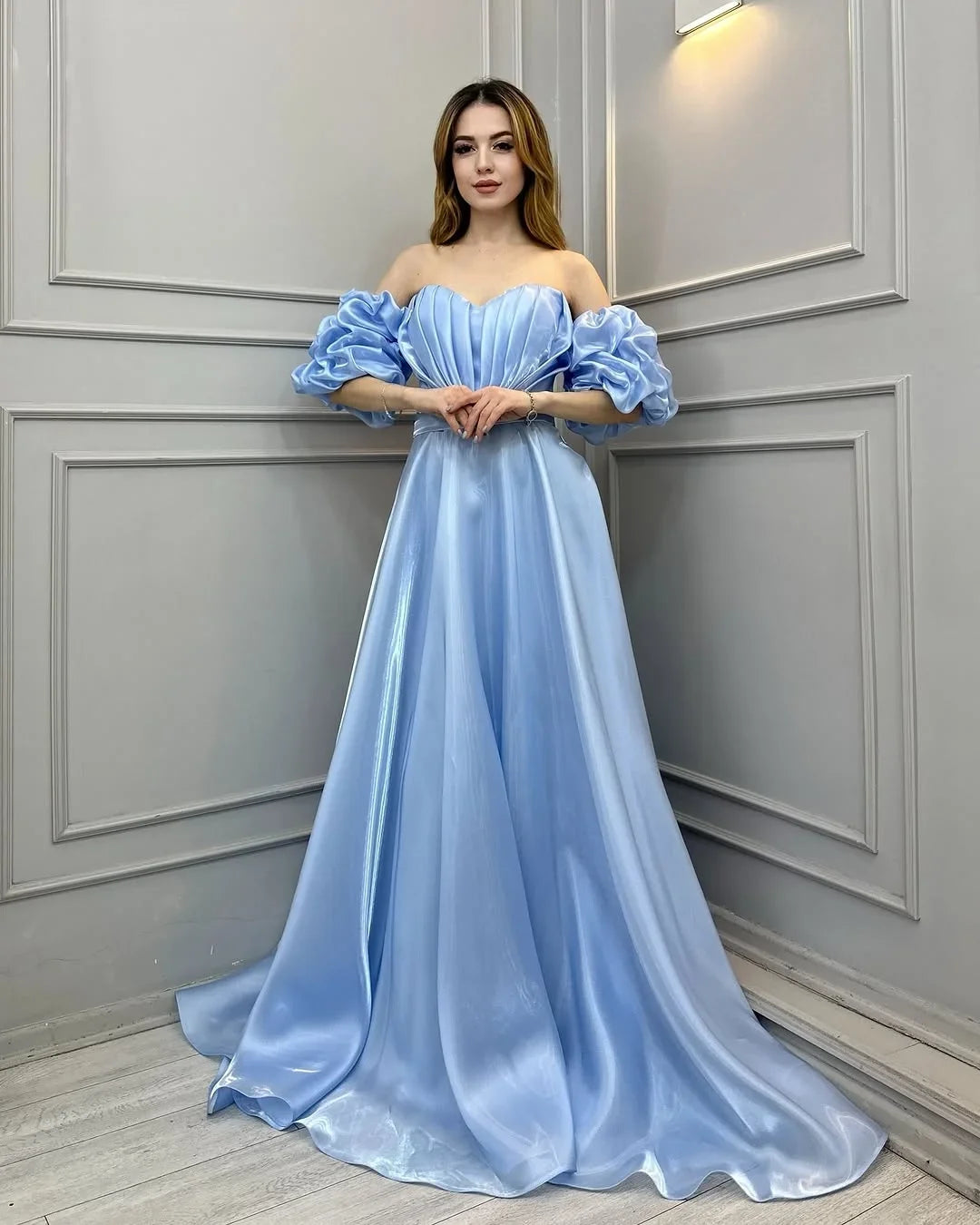 Romantic A-Line Off-Shoulder Puff Sleeve Maxi Party Dress