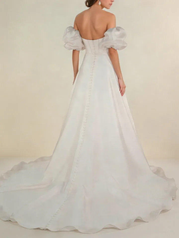 Romantic A-Line Off-Shoulder Ruffled Sleeve Button Back Sweep Train Wedding Dresses