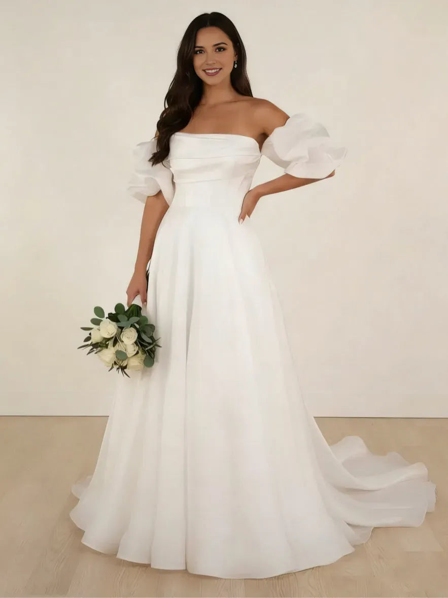 Romantic A-Line Off-Shoulder Ruffled Sleeve Button Back Sweep Train Wedding Dresses