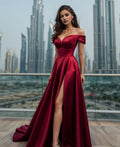 Romantic A-Line Off Shoulder Sleeveless Up Ruched-Bodice Floor-Length High Slit Prom Dress