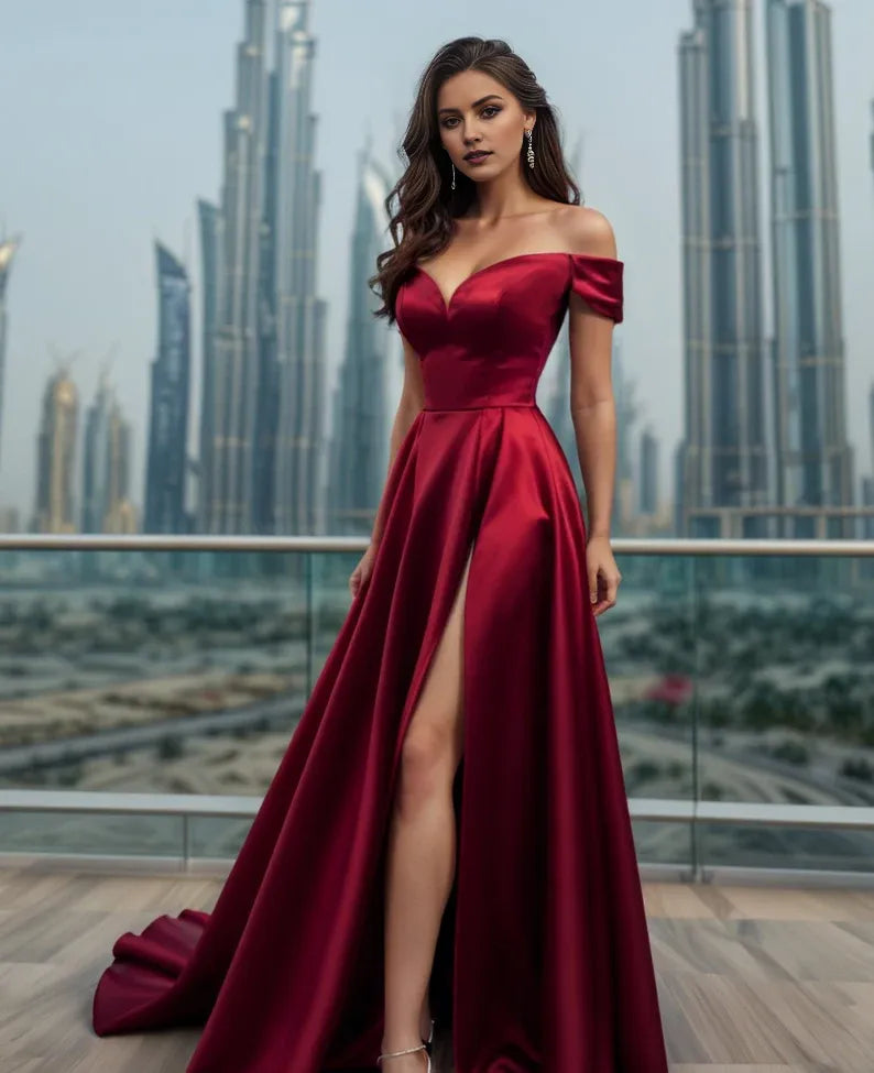 Romantic A-Line Off Shoulder Sleeveless Up Ruched-Bodice Floor-Length High Slit Prom Dress
