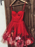 Red Romantic A-Line Spaghetti Straps Flowers Mini Homecoming Dress