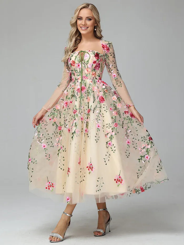 Sophisticated Elegant Blush Pink A-Line Square Neck Long Sleeve Long Prom Dress
