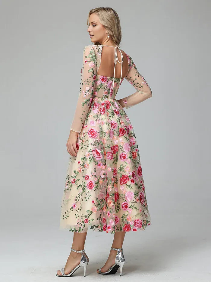 Sophisticated Elegant Blush Pink A-Line Square Neck Long Sleeve Long Prom Dress