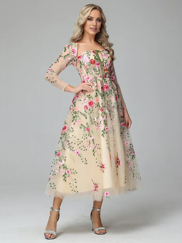 Sophisticated Elegant Blush Pink A-Line Square Neck Long Sleeve Long Prom Dress