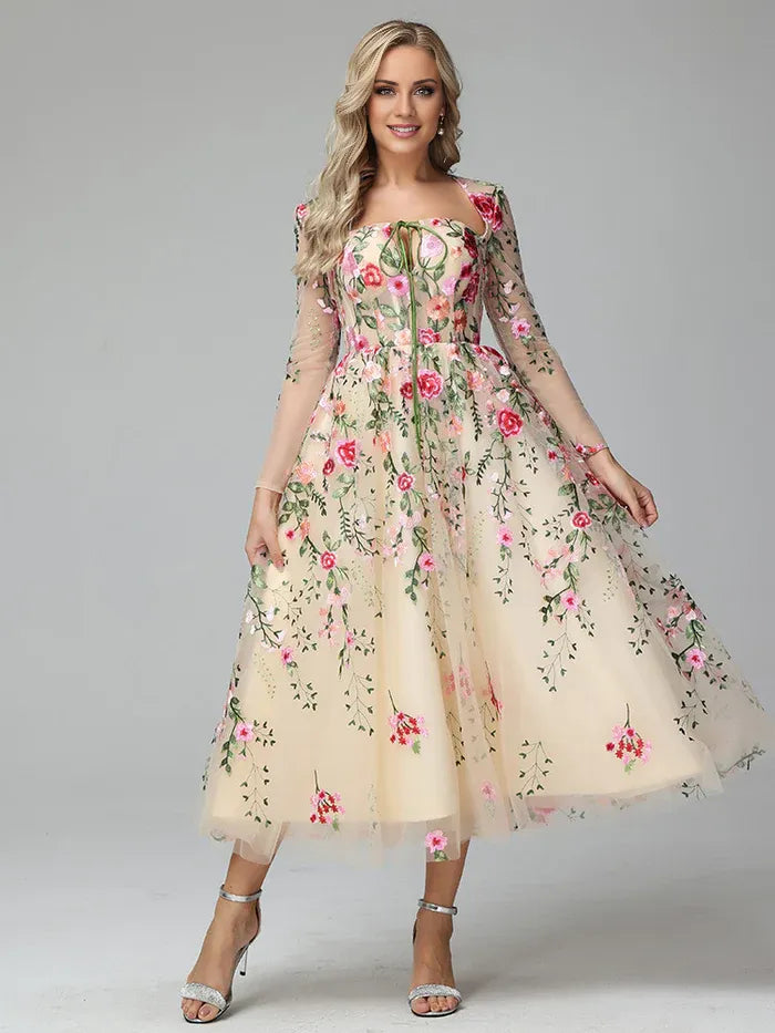 Sophisticated Elegant Blush Pink A-Line Square Neck Long Sleeve Long Prom Dress