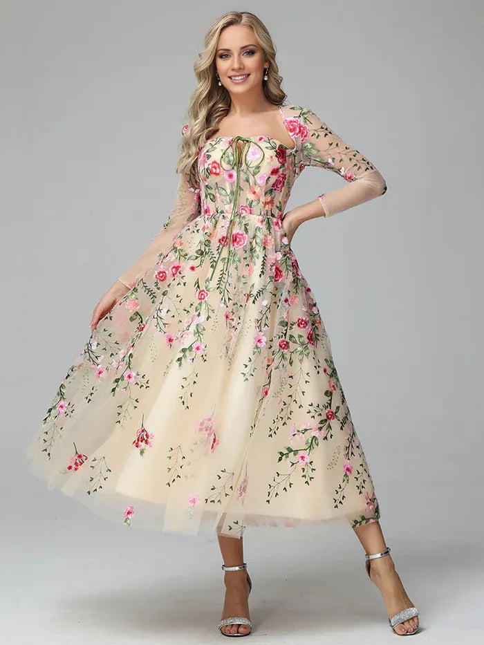 Sophisticated Elegant Blush Pink A-Line Square Neck Long Sleeve Long Prom Dress