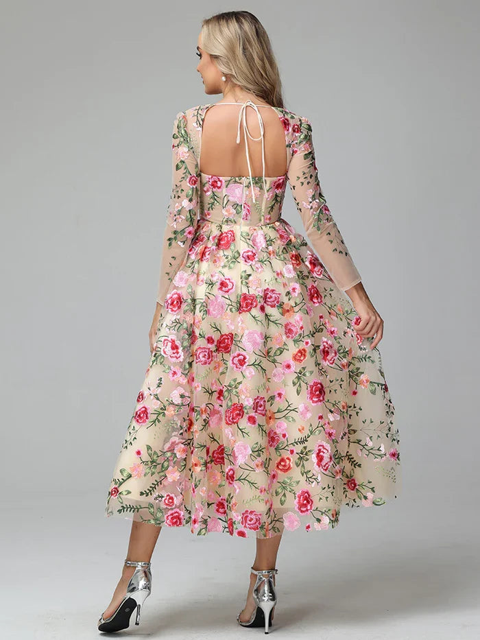 Sophisticated Elegant Blush Pink A-Line Square Neck Long Sleeve Long Prom Dress