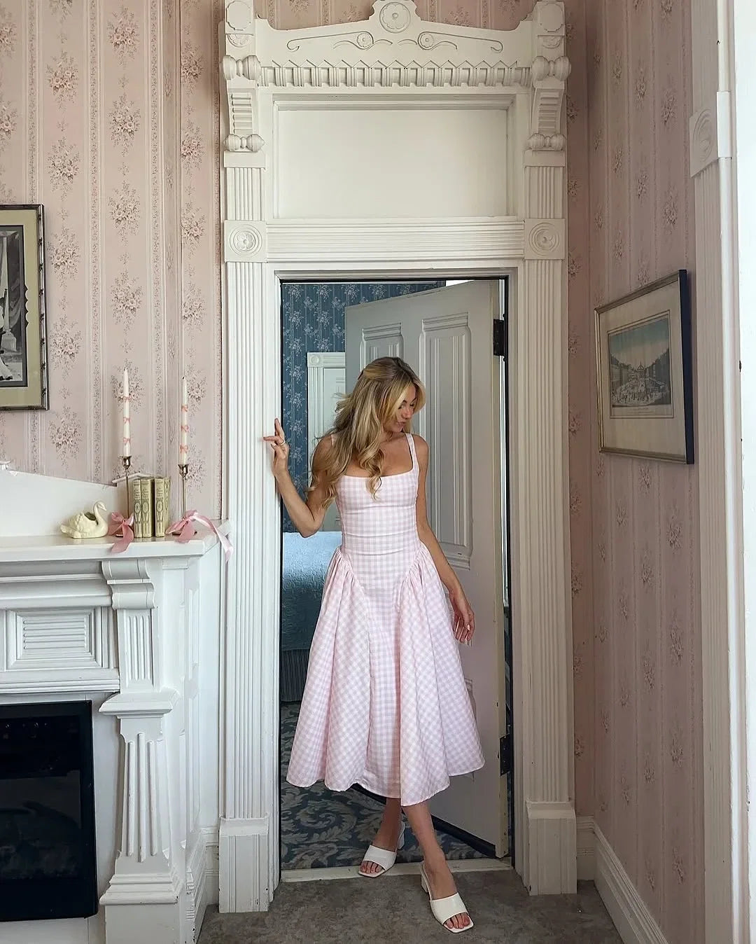 Pink Romantic A-Line Square Neck Sleeveless Gingham Midi Party Dress