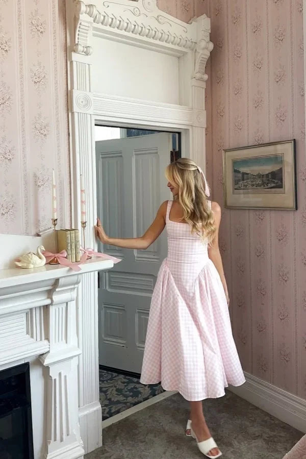Pink Romantic A-Line Square Neck Sleeveless Gingham Midi Party Dress