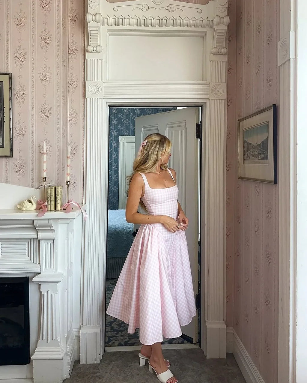 Pink Romantic A-Line Square Neck Sleeveless Gingham Midi Party Dress