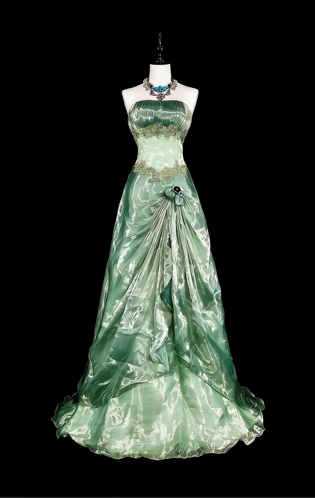 Sage Green Romantic A-Line Strapless Embellished Maxi Prom Dress