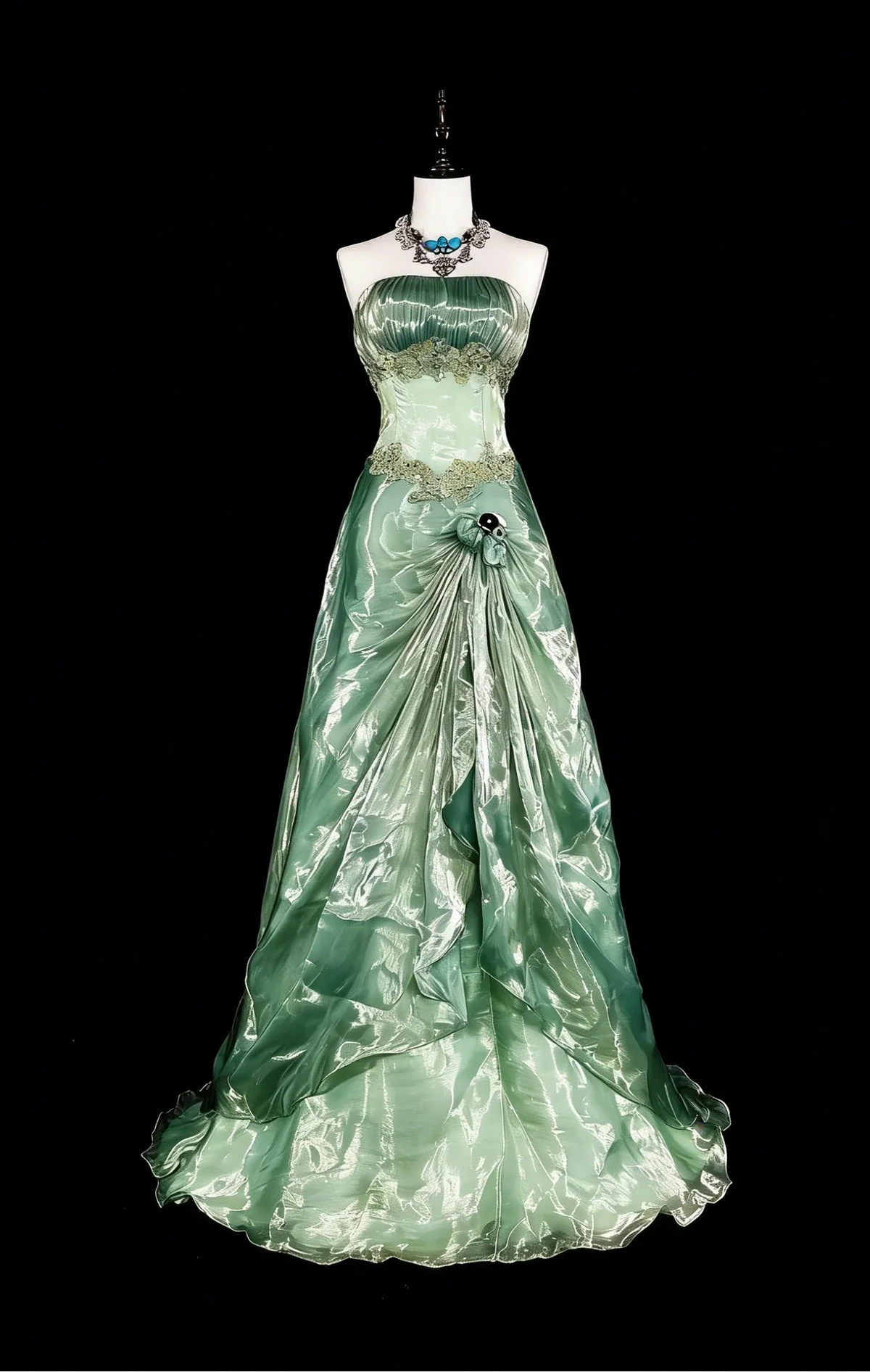 Sage Green Romantic A-Line Strapless Embellished Maxi Prom Dress
