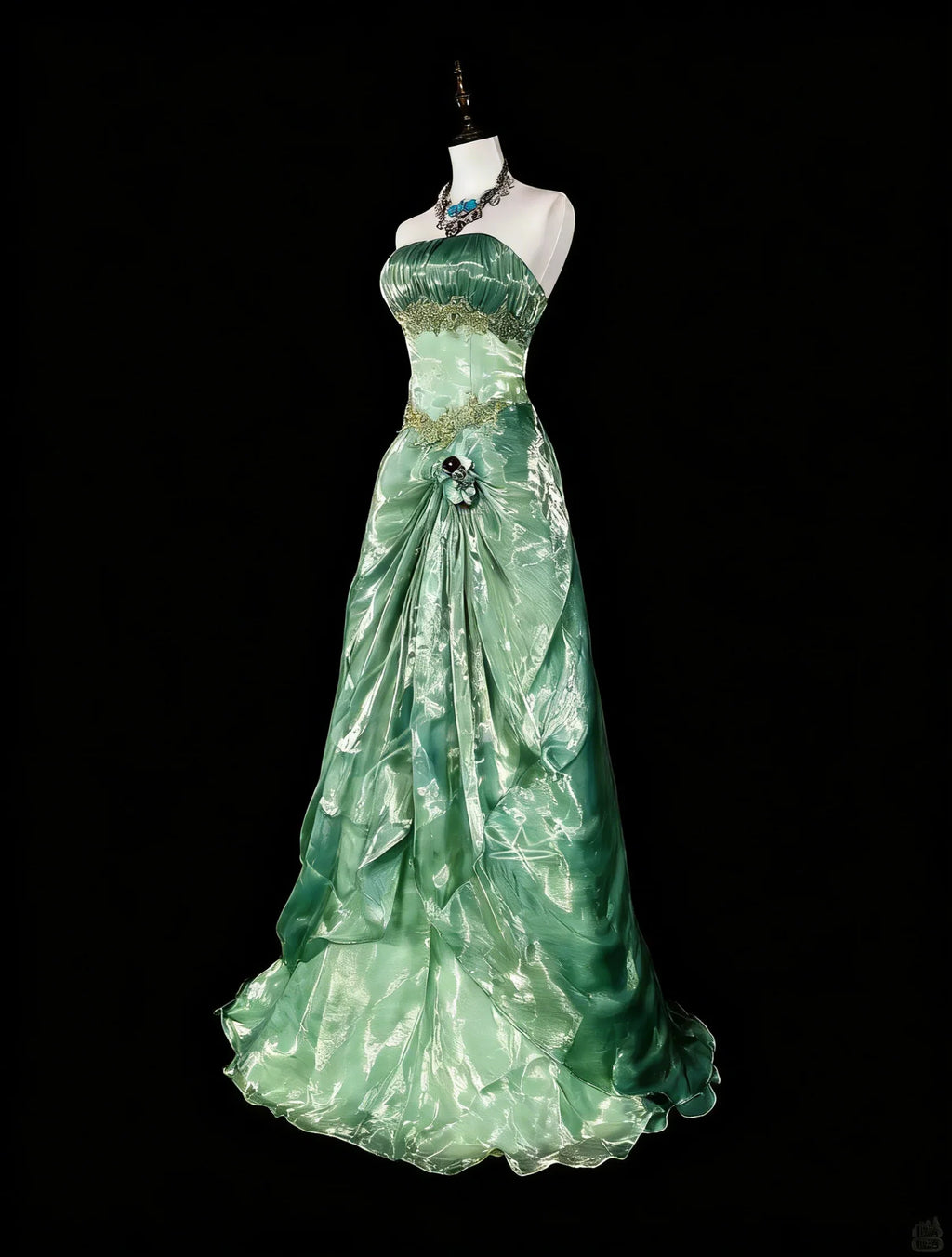 Sage Green Romantic A-Line Strapless Embellished Maxi Prom Dress