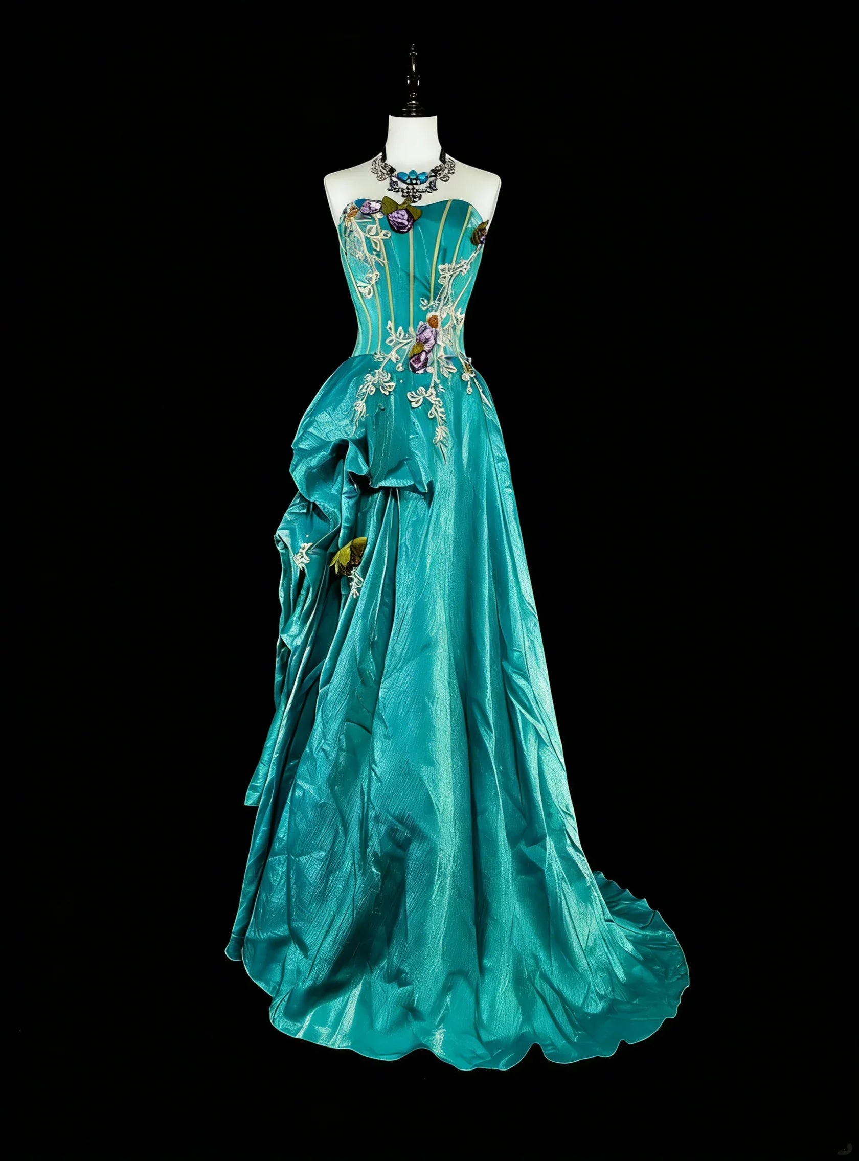 Teal Romantic A-Line Strapless Embellished Maxi Prom Dress