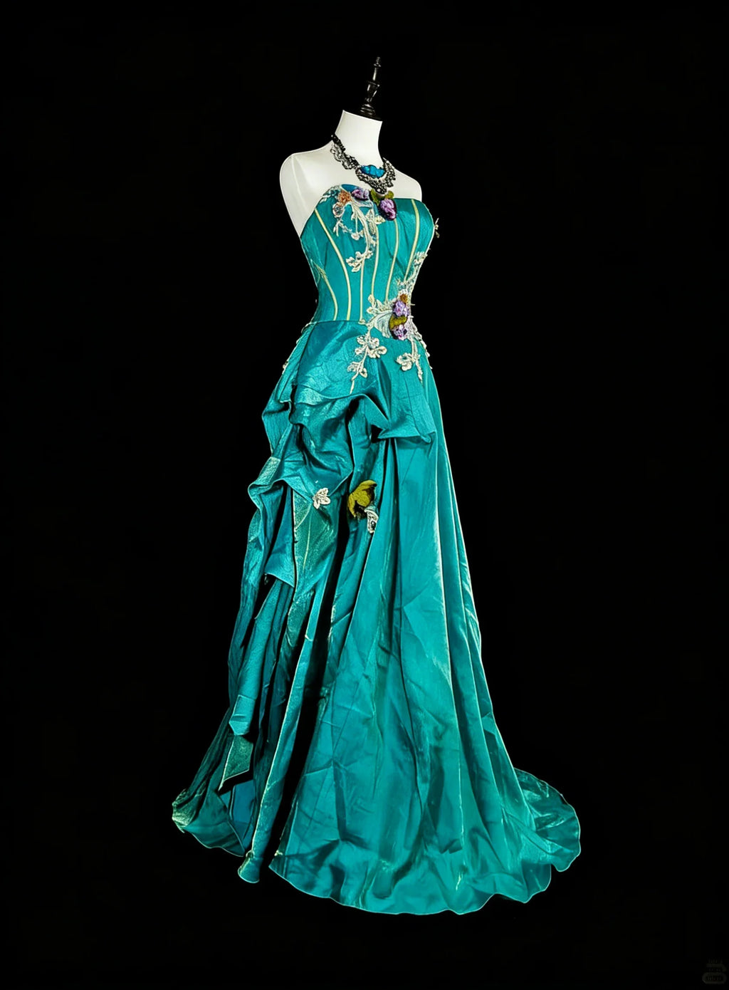 Teal Romantic A-Line Strapless Embellished Maxi Prom Dress