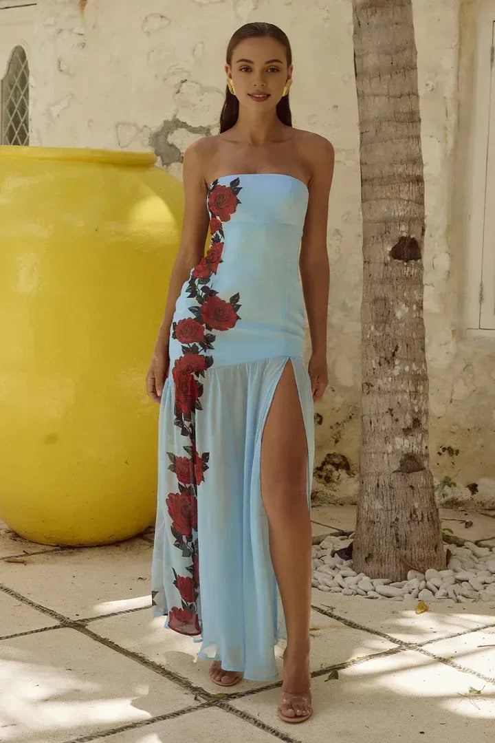 Special Occasion Sophisticated Graceful Elegant Light Blue A-Line Strapless Sleeveless Floor-Length Prom Dress