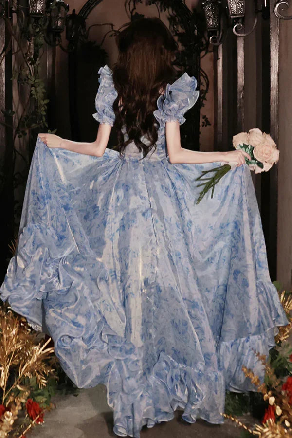 Light Blue Romantic A-Line Sweetheart Floral-Printed Light Prom Dresses