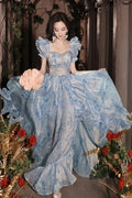 Light Blue Romantic A-Line Sweetheart Floral-Printed Light Prom Dresses