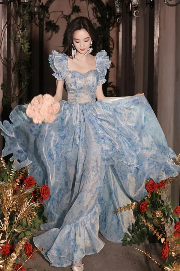 Light Blue Romantic A-Line Sweetheart Floral-Printed Light Prom Dresses