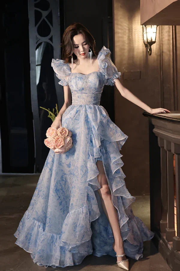 Light Blue Romantic A-Line Sweetheart Floral-Printed Light Prom Dresses