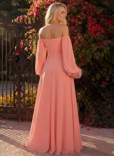 Peach Romantic A-Line Sweetheart Long Sleeves Floor-Length Prom Dress With Slit