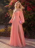 Peach Romantic A-Line Sweetheart Long Sleeves Floor-Length Prom Dress With Slit