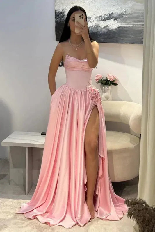 Pink Romantic A-Line Strapless Sleeveless Beaded Baby Maxi Prom Dress for Women Custom