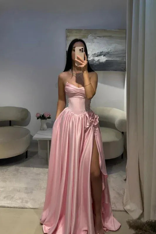 Pink Romantic A-Line Strapless Sleeveless Beaded Baby Maxi Prom Dress for Women Custom