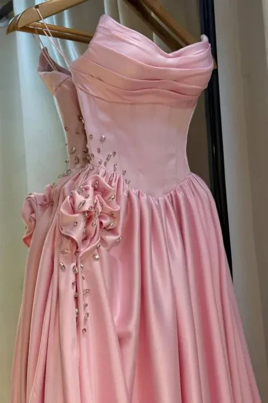 Pink Romantic A-Line Strapless Sleeveless Beaded Baby Maxi Prom Dress for Women Custom