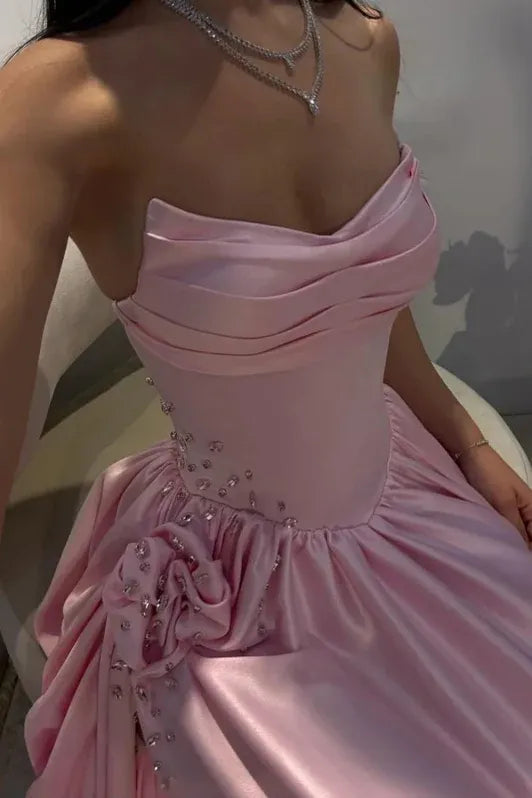 Pink Romantic A-Line Strapless Sleeveless Beaded Baby Maxi Prom Dress for Women Custom