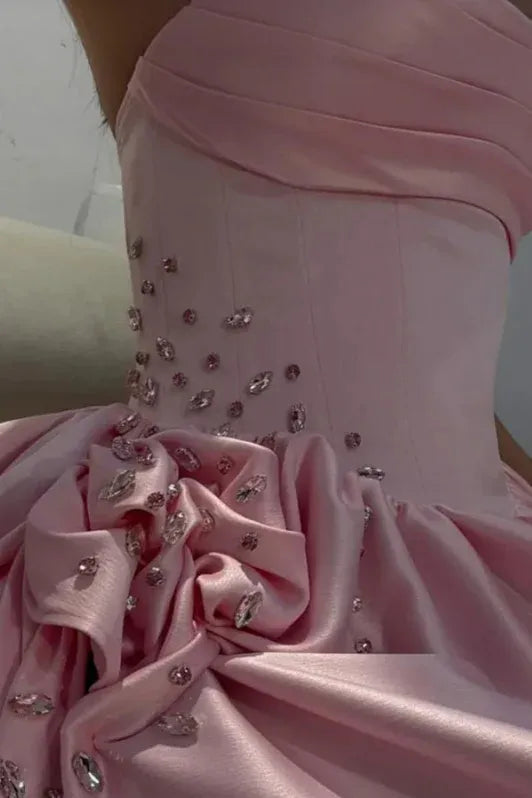 Pink Romantic A-Line Strapless Sleeveless Beaded Baby Maxi Prom Dress for Women Custom