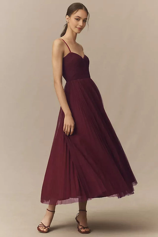 Romantic Burgundy Ruffled A-Line Sweetheart Sleeveless Zipper-Back Floor-Length Prom Dress