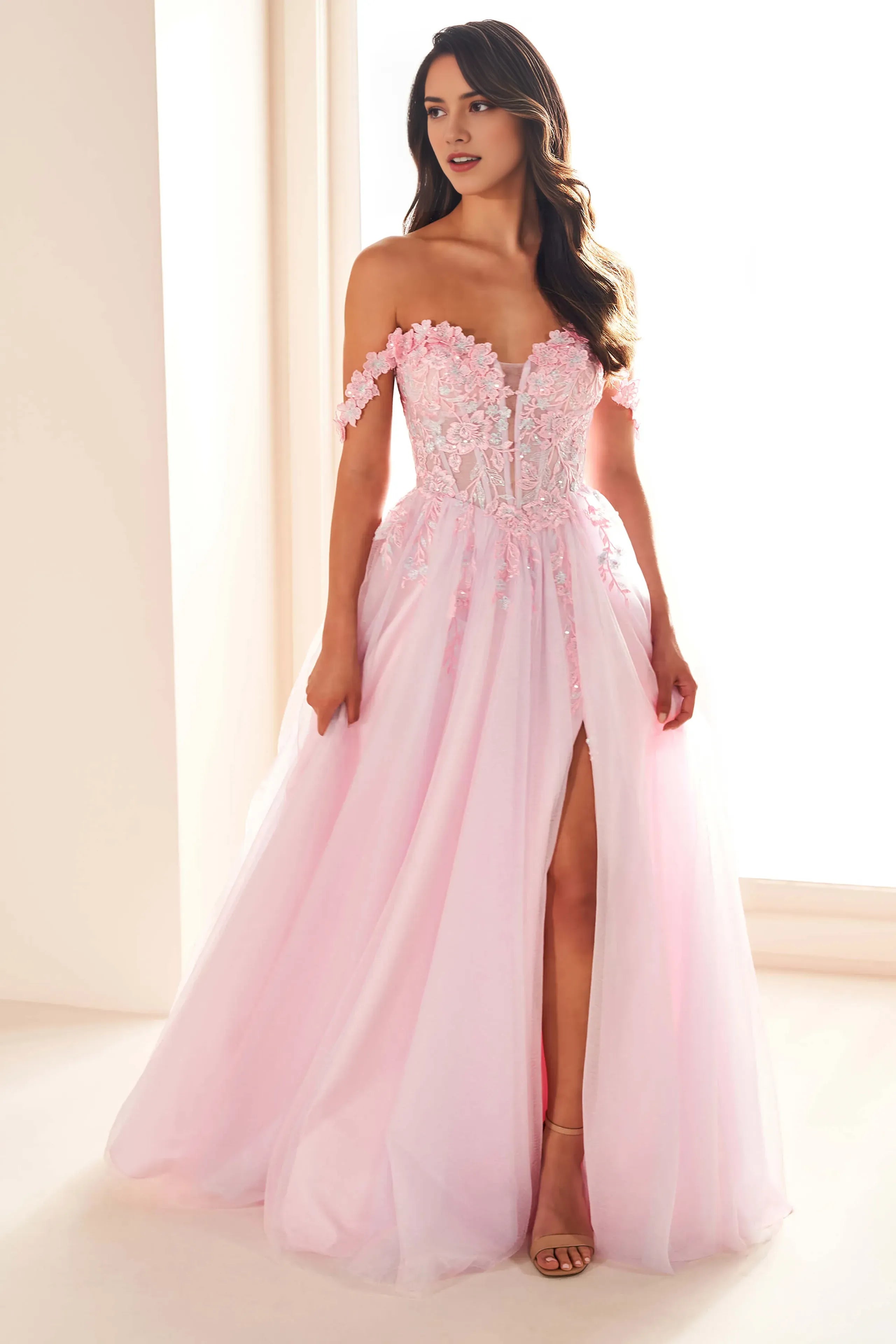 Romantic A-Line Sweetheart Neckline Off-Shoulder Lace-Up Back Floor-Length Slit Prom Dress with Appliques