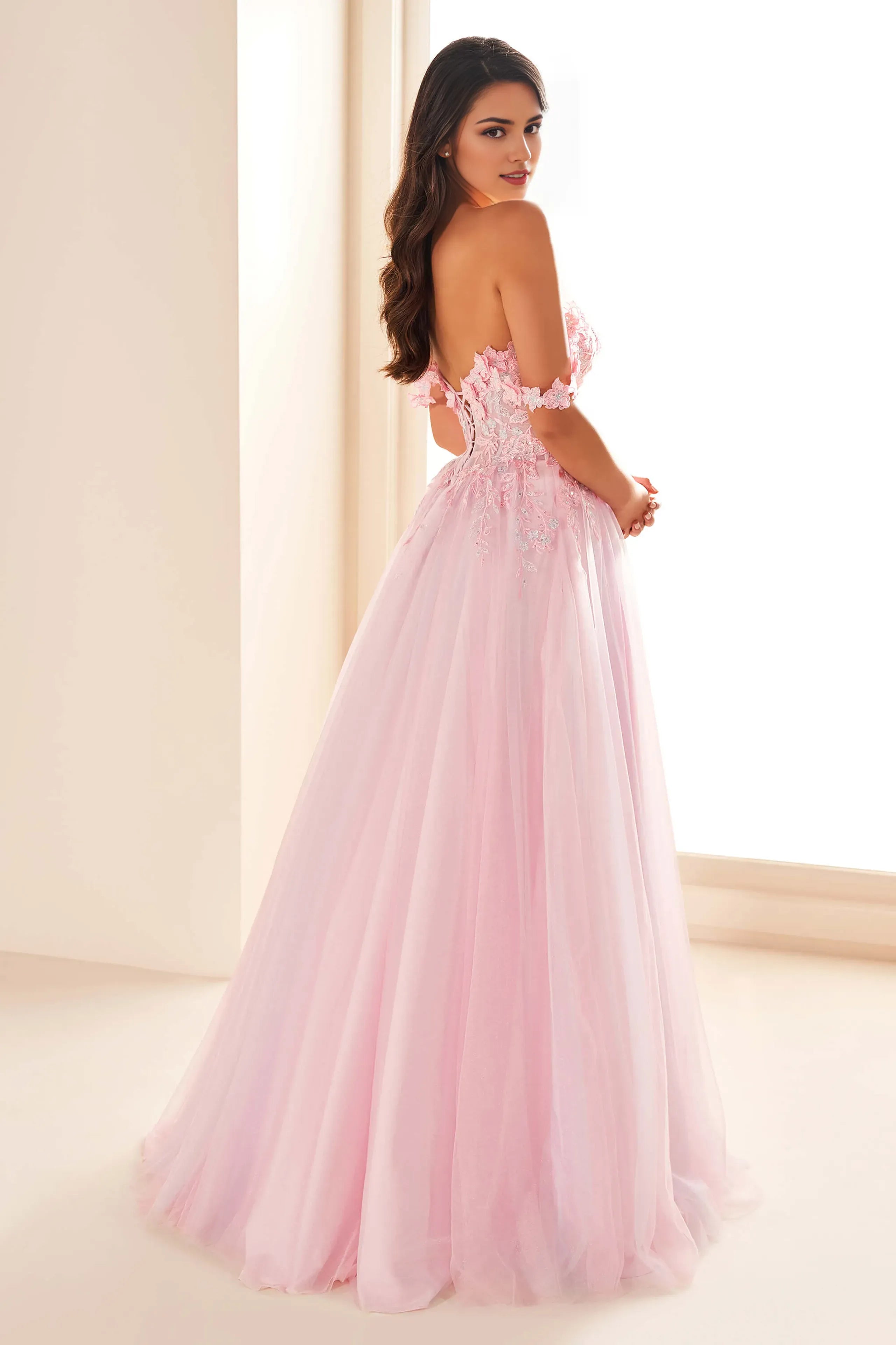 Romantic A-Line Sweetheart Neckline Off-Shoulder Lace-Up Back Floor-Length Slit Prom Dress with Appliques