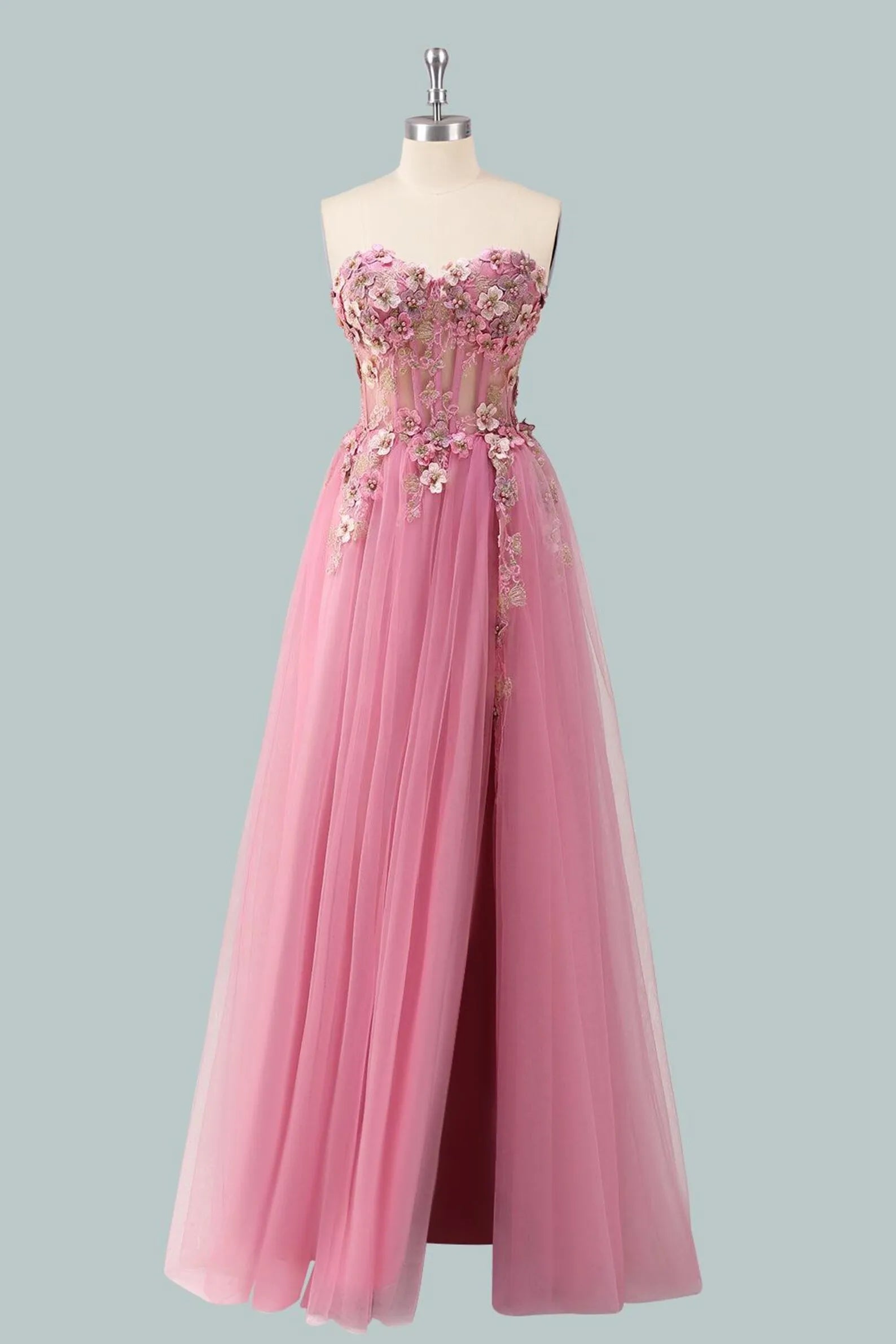 Pink Romantic A-Line Sweetheart Strapless Floral-Appliqued Floor-Length Prom Dress