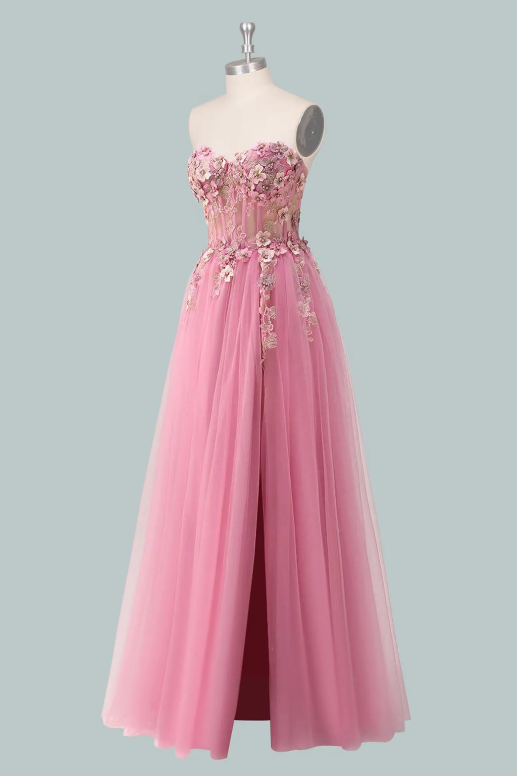 Pink Romantic A-Line Sweetheart Strapless Floral-Appliqued Floor-Length Prom Dress