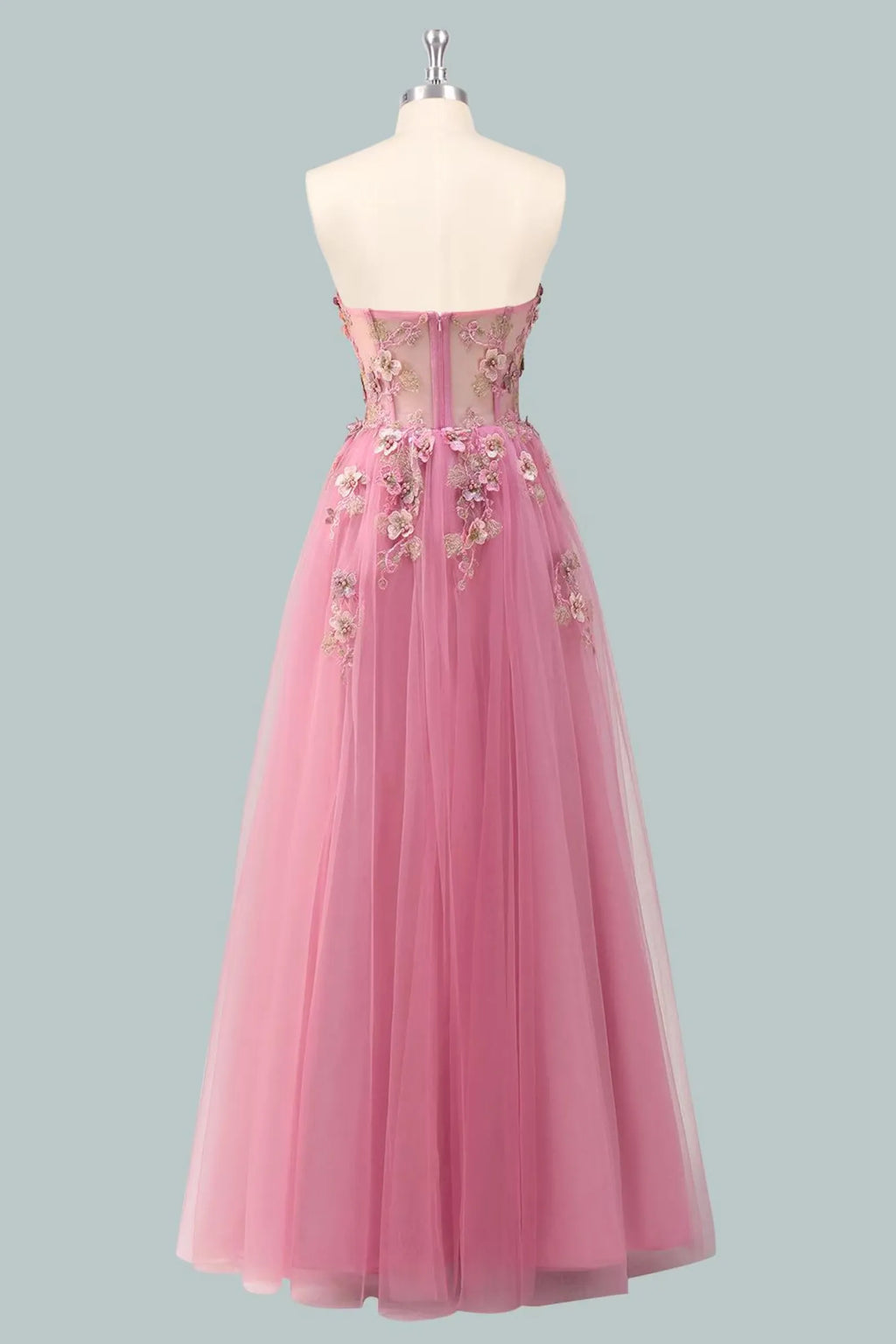 Pink Romantic A-Line Sweetheart Strapless Floral-Appliqued Floor-Length Prom Dress