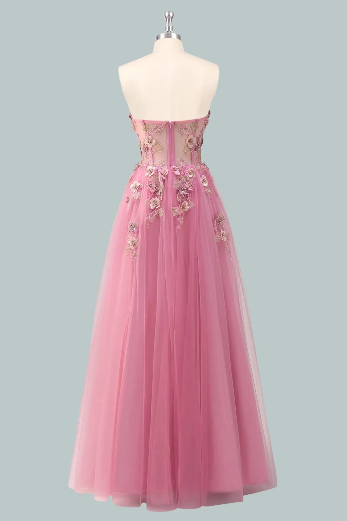 Romantic Pink Applique A-Line Sweetheart Classic-Sleeve Classic-Back Floor-Length Prom Dress