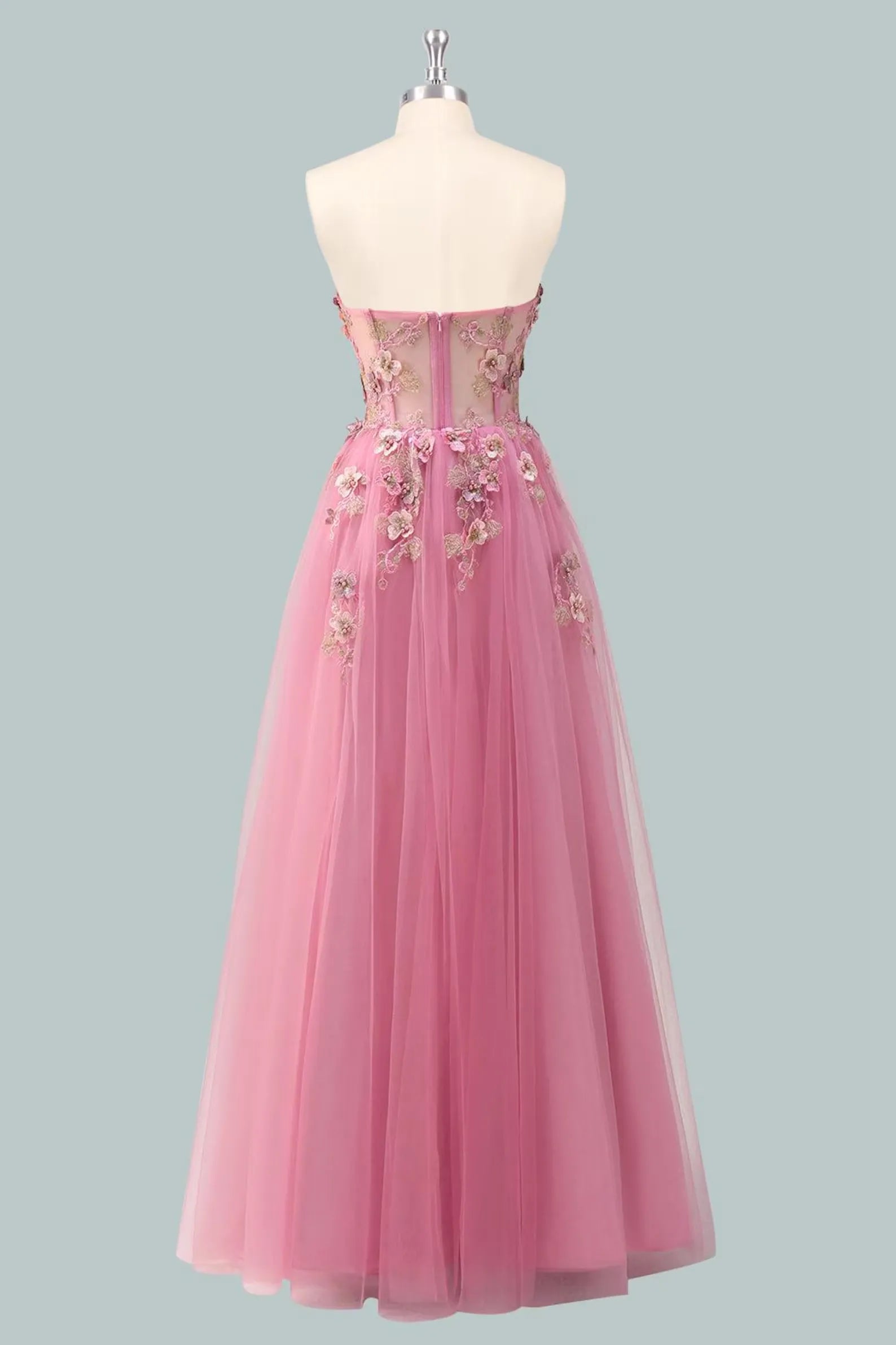 Pink Romantic A-Line Sweetheart Strapless Floral-Appliqued Floor-Length Prom Dress