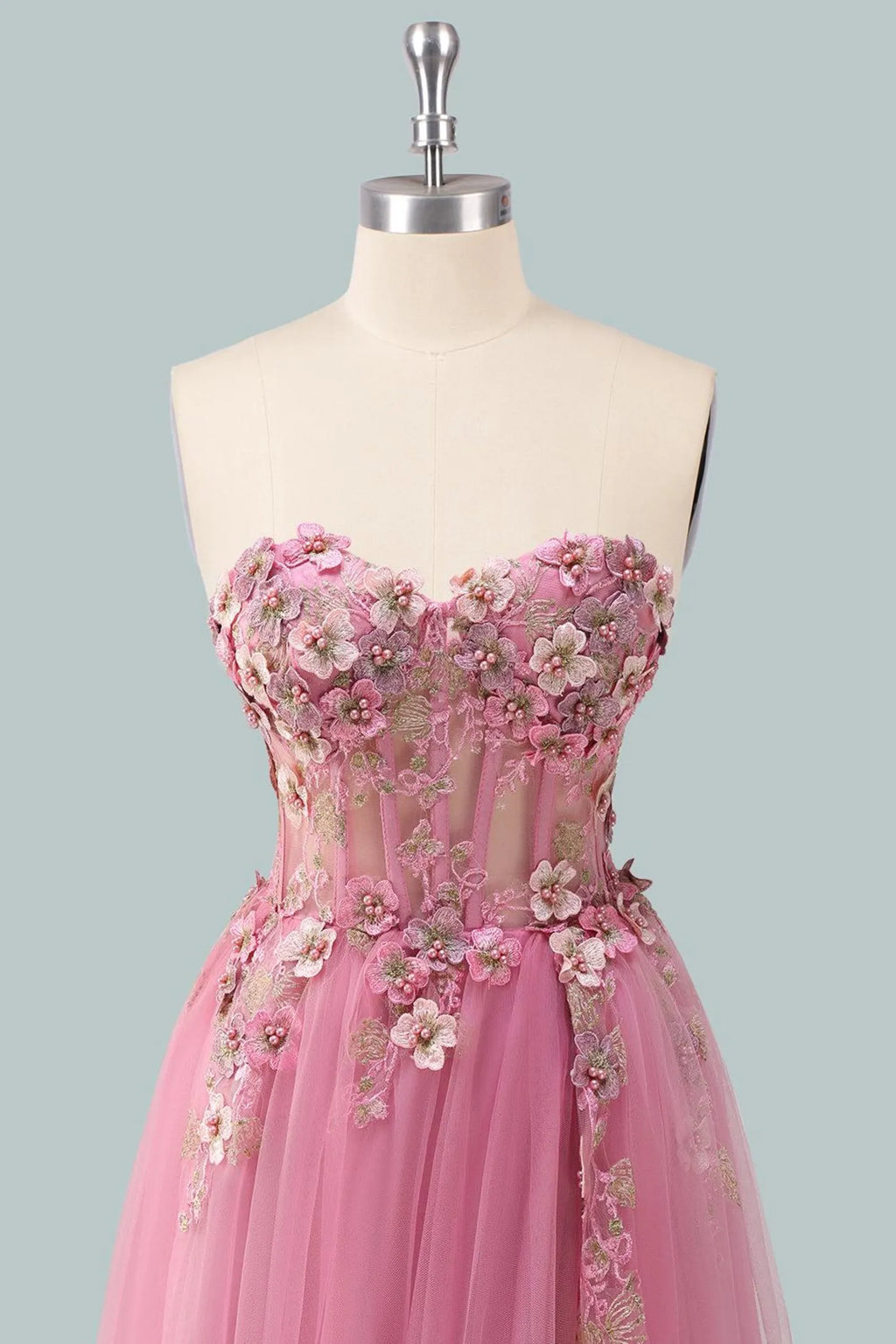 Pink Romantic A-Line Sweetheart Strapless Floral-Appliqued Floor-Length Prom Dress