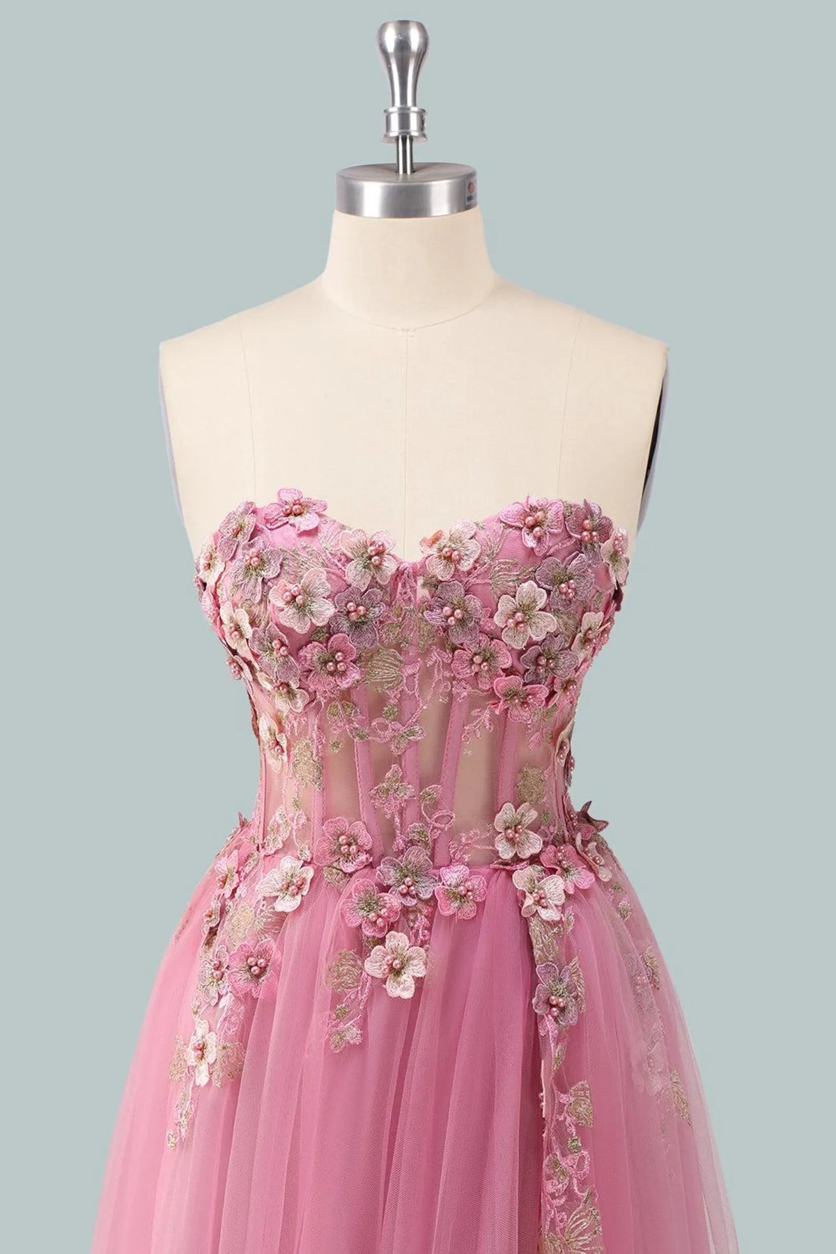 Pink Romantic A-Line Sweetheart Strapless Floral-Appliqued Floor-Length Prom Dress
