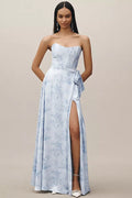 Romantic A-Line Sweetheart Strapless Floral-Print Up Floor-Length Prom Dress with Slit