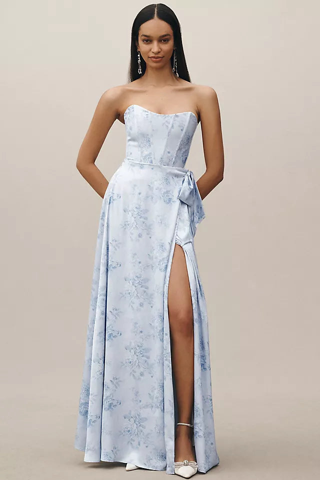 Romantic A-Line Sweetheart Strapless Floral-Print Up Floor-Length Prom Dress with Slit